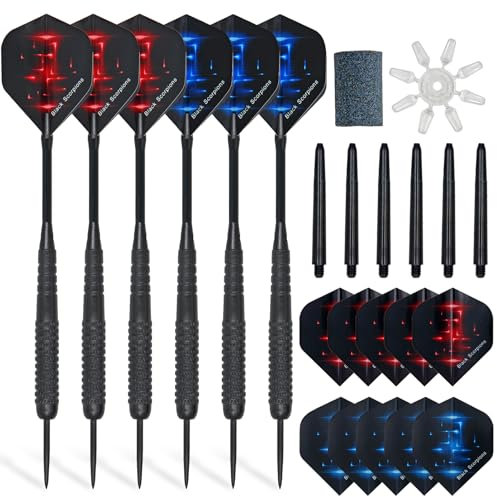 SOUTHMAN 6 Pack Steel Darts Set, 22g Darts Tip with Non-slip Stainless Steel Shaft, 10pcs Dart Flights, 12pcs Aluminum Shafts, 1 Dart Sharpener, 1 Flight Protector, Gift Box
