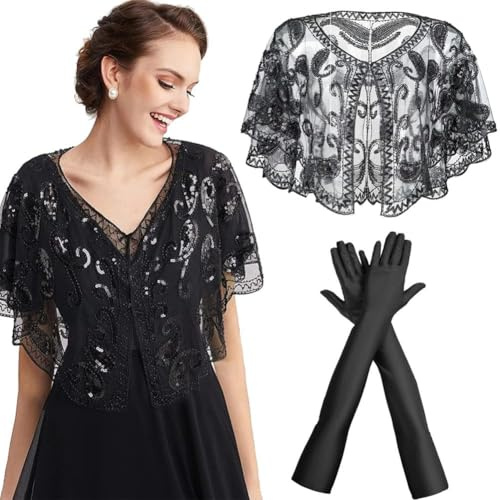 CYGMRFH 2 Pezzi Scialle Da Donna Paillettes Perline, Art Deco Mantello Da Sera Vintage Guanti Lunghi Nero Guanti da Sera Scialle Da Donna Con Glitter Sottili per abito da sera vintage matrimonio