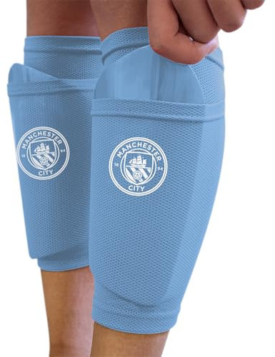 Hy-Pro Officially Licensed Manchester City F.C. Shin Pad With Sock Sleeve, Youth - Shin Guard, Breathable, Lightweight, Durable, Protective Gear, Man City, Merchandise, Great Football Gift Idea