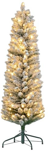 HOMCOM Árbol de Navidad 150 cm Árbol de Navidad Artificial Nevado con 120 Luces LED 263 Ramas y Soporte de Metal Árbol de Navideño para Salón Verde y Blanco