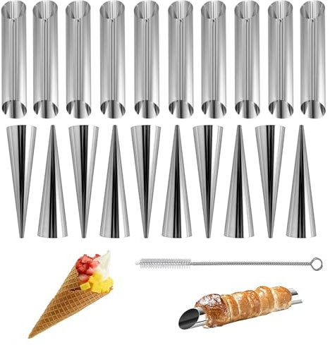 NCZCDZSW Schaumrollenformen 21 Stück Schillerlockenform mit Reinigungsbürst Cannoli Backform Klein Edelstahl Cannoli Formen Spirale Horn Backform Cannoli Röhrchen für Sahnehorn Croissant Hörnchen