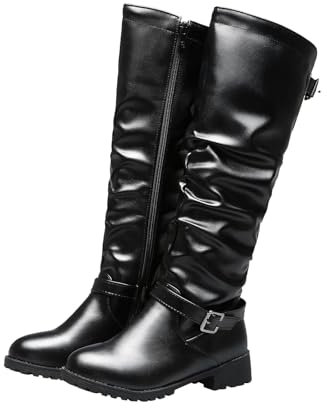Generico Stivali Neri Donna Alti Anfibi Platform Donna Stivali alla con cerniera laterale e tacco basso, con fibbia a cintura media, punta Stivali Gambale Largo 45 Cm Camperos Estivi Donna (Black, 42)