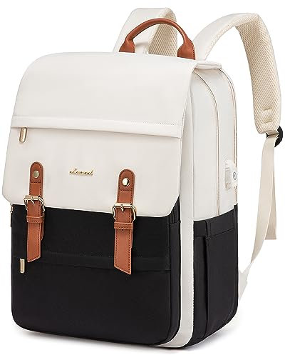 LOVEVOOK Vintage Backpack Women 15.6 inch, Laptop Rucksack Bag for Ladies, Fashion School Bags with USB Charging Port, Casual Work Daypacks for University Teacher College Travel, Black-beige