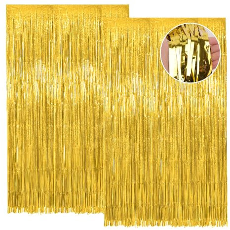Vaktop 2 Stück Lametta Vorhang Gold, Glitzervorhang Lametta, Glitzer Party Vorhang, Folien Fransen Hintergrund fur Party Deko Geburtstagsdeko Hochzeit Festivals Bühnendekor (1m x 2m)