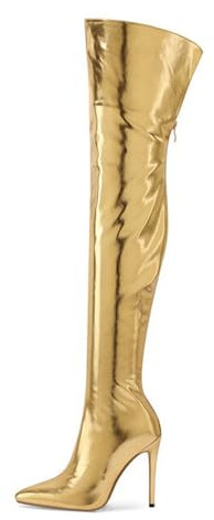 FUIPOT Overknee-Stiefel für Damen, Spitze Zehenpartie, Stilettoabsatz, Overknee-Stiefel mit Reißverschluss, Lackleder in Metallic, modische Stiefel, Absatzhöhe 11 cm,Gold,37 EU