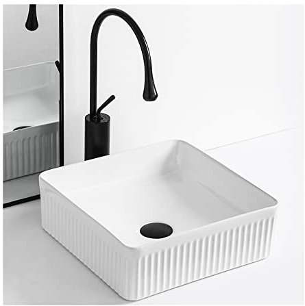 NSTVVEE Lavabo de baño Lavabo de baño de 14 x 14 Lavabo de baño Cuadrado, Lavabo de cerámica sobre encimera con Grifo, Lavabo de tocador Blanco Lavabo de baño