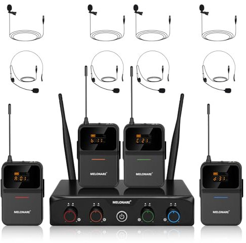 MELONARE Sistema microfonico wireless UHF a 4 canali con 4x10 frequenze, portata di 200 piedi, 4 bodypack e microfoni per cuffie/lapelle per canto, chiesa, conferenza (MWM-41-4B)