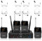 MELONARE Sistema microfonico wireless UHF a 4 canali con 4x10 frequenze, portata di 200 piedi, 4 bodypack e microfoni per cuffie/lapelle per canto, chiesa, conferenza (MWM-41-4B)