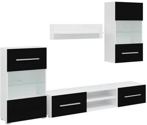 HEFZGDB Fünfteilige Wohnwand TV-Schrank mit LED-Beleuchtung Schwarz Living Room Cabinets Tv Schrank Couchtisch Tv Stand Cabinet für Schlafzimmer Büro Wohnbereich Gästezimmer