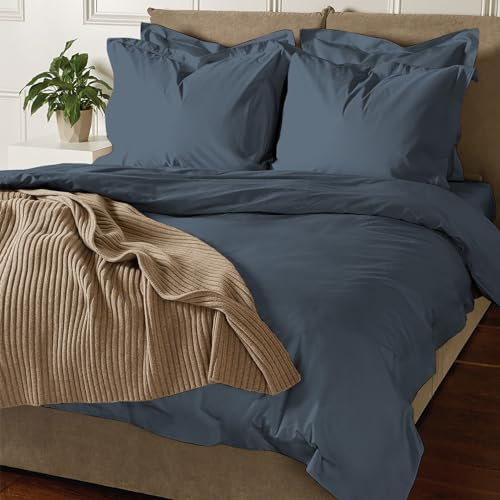 Pizuna Coton Luxueux Ensemble de Housses de Couette 260x240 cm 2 Personnes Bleu foncé, Tissu de Satin de Coton à 800 Fils au Pouce carré Housse de Couette Respirante avec Fermeture à Boutons