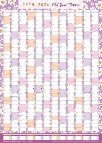 2025-26 Academic Wall Calendar Planner A1 Mid-Year Calendar Pastel Lilac Floral 840 x 600mm UK