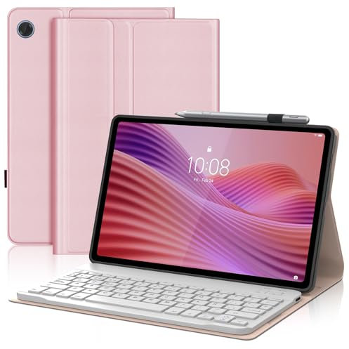 WAVATA Funda con Teclado para Lenovo Tab 10.1'' 2025, Tecla QWERTY Español Ñ para Lenovo Tab 10.1 Pulgadas 2025, Teclado Bluetooth Desmontable- Rosa