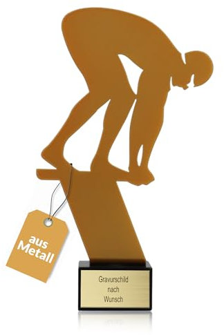 Pokal-Fabrik - Goldener Schwimm Pokal 21 cm aus Metall mit Gravur - Geschenk-Trophäe mit Schwimmer-Silhouette & Steinsockel - Personalisiertes Geschenk - Wanderpokal Schwimmen Zubehör