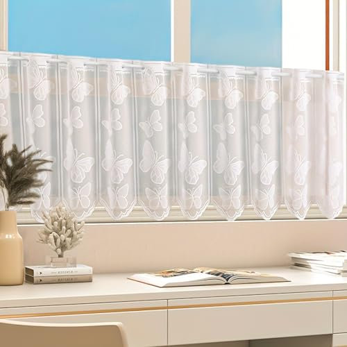 VAIGU:OA Scheibengardine Bistrogardine - Halbtransparent Vorhänge, Jacquard Gardine mit Schmetterling, Kurzstores Weiß mit ösen Kurze küchengardinen mit Gebogter Kante BxH 150x40cm, 1 Stück