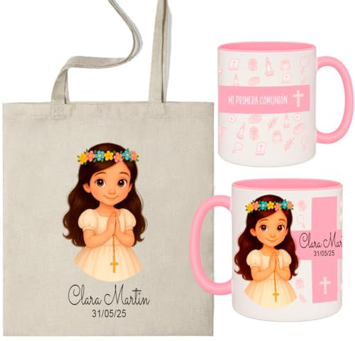 ELISA BOTELLA Pack Primera Comunión Personalizado, Taza de Cerámica 350ml y Bolsa de Poliéster, Diseño de Niña con Corona de Flores (Pack MORENA)