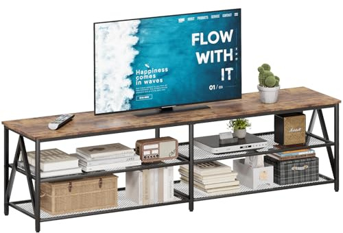 Garden 4 you Tv Tisch,Fernsehtisch,TV-Schrank,Lowboard Tv Schrank für Fernseher bis zu 65 Zoll, Fernsehschrank mit 3 offenen Fächern, TV-Regal Industrie Design, Stahlgestell,180 x 40 x 50 cm, Braun
