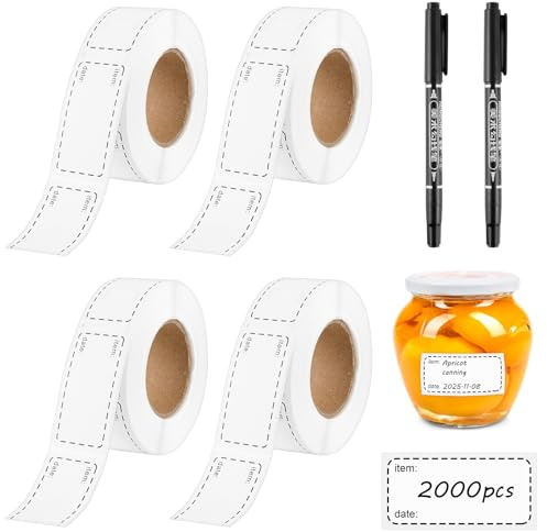 2000 Pcs Freezer Labels, 1 x 2 Inch Food Label Stickers with 2 Marker Pens | Oil & Waterproof Sticky Labels On a Roll Easy Peel Off, Personalised White and Date Label for Kitchen Freezer Containers Jars