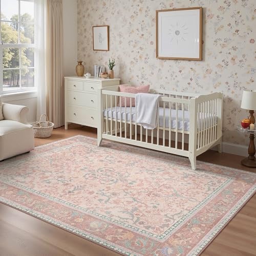 GENIMO Teppich Wohnzimmer 160X230 cm Vintage Waschbar Altrosa Creme | Boho Vintage Orientalischer Teppiche, Kurzflor Wohnzimmerteppich, Rutschfest Carpet, Groß für Schlafzimmer, Esszimmer, Büro
