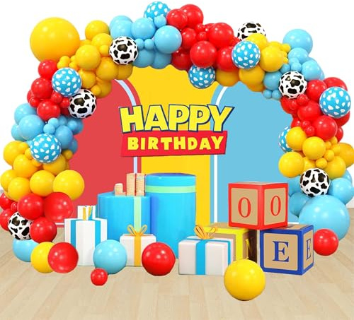 Party Dekoration Set Blau Rot Gelb Luftballons Garland Arch Kit Farm Animals Thema Geburtstag Party Deko