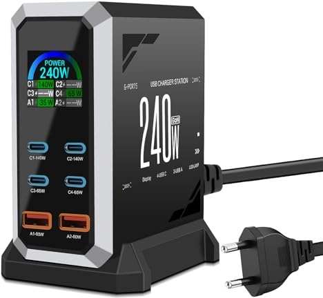 240W USB C Ladegerät Mehrfach,PD 140W 65W Schnellladegerät 6 Ports Ladestation GaN-III Charger with 4 USB-C + 2 USB-A Ports for MacBook iPad Pro/Air, iPhone 16 15 Pro Max,Samsung,Xiaomi,iPads