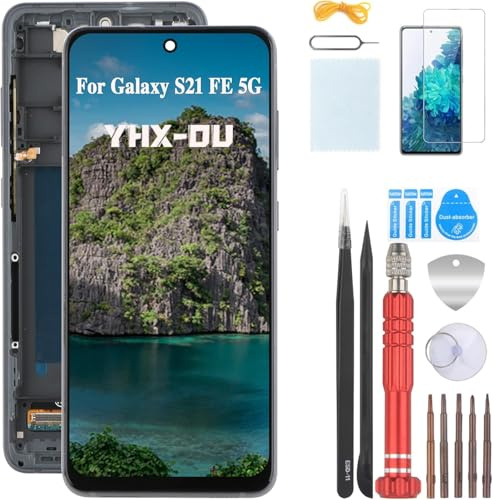 YHX-OU 6.4'' Noir Kit Écran LCD avec Châssis pour Samsung Galaxy S21 FE 5G G990U/G990E/G990B/G990W LCD Écran Complet Tactile LCD Display de Rechange et Outils + Verre trempé