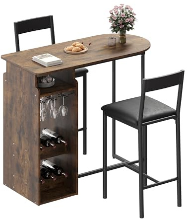 Garvee Bar-Tisch und Stühle für 2 Personen, platzsparender Esstisch mit dreistufigem Weinregal und Glashalter, Vintage-Braun-Finish, für Küche, Esszimmer oder Hausbar