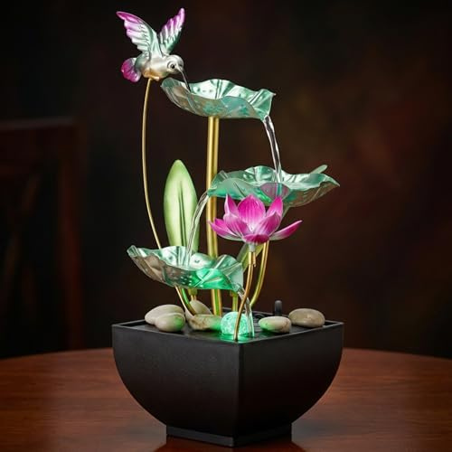 Nukinp Fuente de agua de mesa con luces, 3 niveles, diseño de hojas, cascada con rocas, fuentes de agua interiores para el hogar, oficina, dormitorio, estilo 2