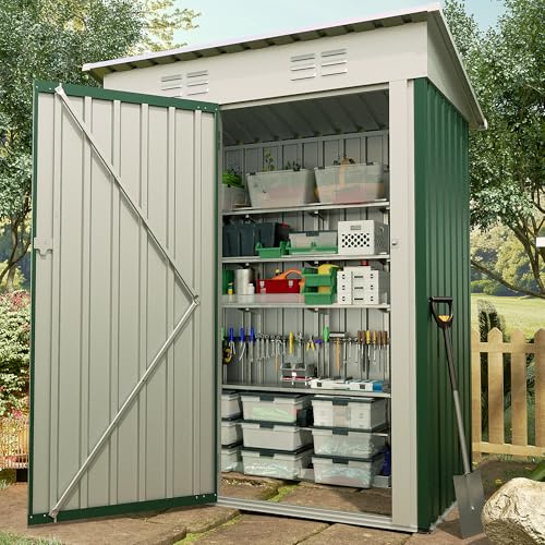 Kompaktes Metall Gerätehaus mit Abschließbarer Einzeltür & Schrägem Dach – Wetterfester Outdoor Stauraum, Platzsparend für Werkzeuge & Geräte – 152 x 91 x 183 cm, Grün