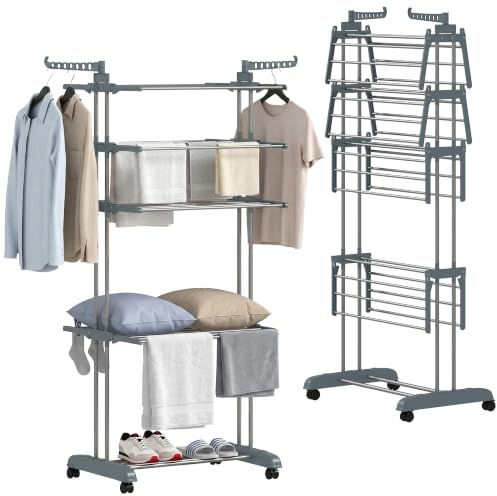 HOMCOM Séchoir à Linge Étendoir Pliable 4 Niveaux 73 x 64 x 172 cm Gris | Sechoir a Linge avec 4 Roulettes, Pliable, Cadre en Acier Inoxydable et Ailes Latérales, pour Intérieur Extérieur