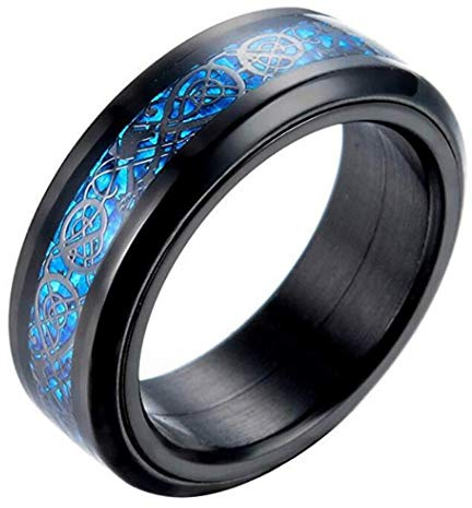 PAURO Herren Edelstahl Keltische Drachen Inlay Carbon Fiber Mosaik Spinner Ring 8mm Band Mehrere Farben