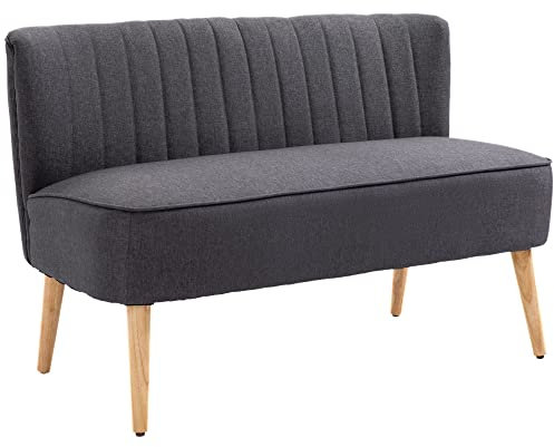 HOMCOM Modern Double Seat Sofa Loveseat Couch 2 Seater Compact Sofa Padded Linen Wood Leg Dark Grey
