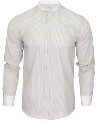 Xact Men's Striped Grandad Shirt, White Collar & Cuffs, Long-Sleeved