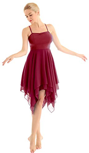 dPois Damen Tanzkleid Ballett Kleid Ärmellos aus Chiffon Swing mit Spaghettiträger Asymmetrische Tanzkostüme Latein Rumba Tango Ballsaal Dancewear Weinrot Small