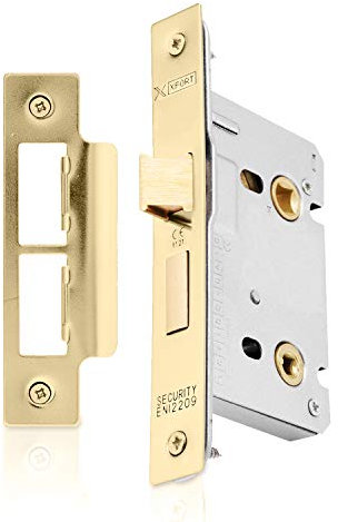 XFORT® Polished Brass Bathroom Lock 65mm for Internal Wooden Doors, Mortice Door Lock for Bathroom, Door Latch Mechanism and Thumbturn Locking Door Security, CE Approved and Fire Rated Protection