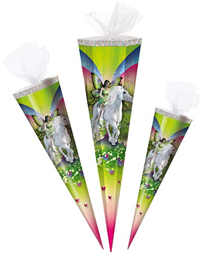alles-meine.de GmbH Schultüte - Einhorn & Elfe/Regenbogen Unicorn - 85 cm - 6 eckig - Tüllabschluß - Zuckertüte - mit/ohne Kunststoff Spitze - Markneukirchen - Jungen Mädchen..
