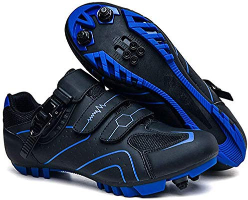 tangjiu Bicicleta de Montaña con Tacos, Zapatillas de Ciclismo de Carretera de Fibra de Carbono Transpirables, Zapatillas Deportivas Antideslizantes con Tiras Reflectantes (Azul,44)
