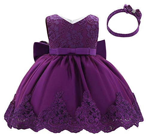 Lito Angels Vestidos Elegante Bebe Niña en Flor de Encaje Bordado y Tul Morado Oscuro, con Diadema de Lazo, para Boda Fiesta Ceremonia, Talla 3-6 Meses 426 (Número de Etiqueta 60)