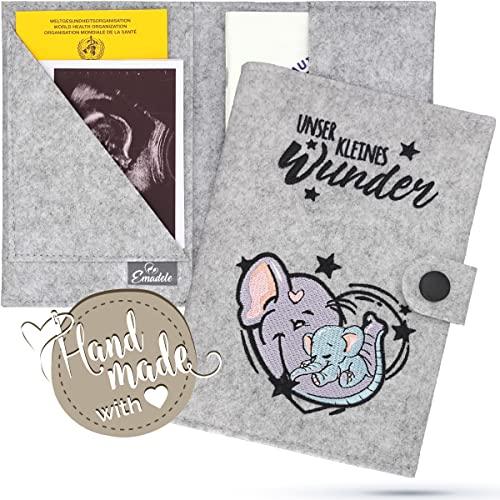 Emadele Mutterpass Schutzhülle Elefant 'Unser Kleines Wunder' aus Filz Handmade Grau. Mutterpass Schutzhülle Organizer Fächer für Ultraschallbilder, Impfpass-Hülle A5 Format für deutschen Mutterpass