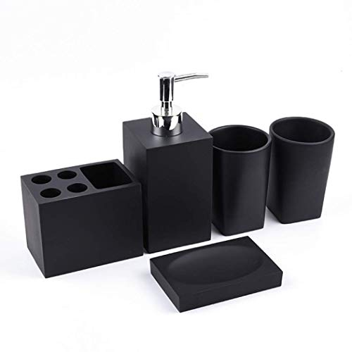 5 Piece Bathroom Accessories, Premium Resin Creative Bathroom Accessories Set Complete Hotel Quality Gift Set Luxury Bath Accessory with Toothbrush Cup/Soap Dispenser/Soap Dish (Matte black)
