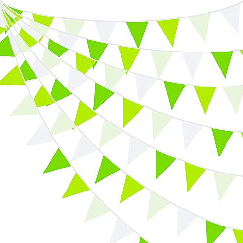 10M/32.8Ft Green White Fabric Bunting Banner Party Decorations Reusable Cotton Triangle Flag Pennant Garland for Wedding Birthday Baby Shower Spring Summer Home Outdoor Garden Hanging Festival Parties