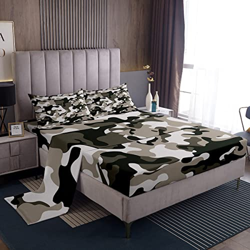 Camouflage-Bettlaken, grau, Camouflage-Bettlaken-Set, Doppelbett, Militär-Armee-Spannbetttuch für Jungen, Teenager, Männer, Erwachsene, Batikfärbung, Retro, geometrisch, weiches Bettwäsche-Set,