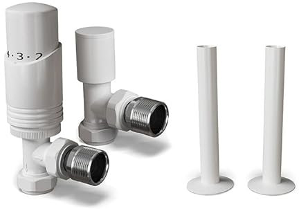 UK Radiators White Radiator Valves 15mm Angled Lockshield Valve in White and Gloss Finish - Classy and Modern Design 1/2 X 15mm Angled Radiator Valves - with White Gloss 130mm Pipe Covers
