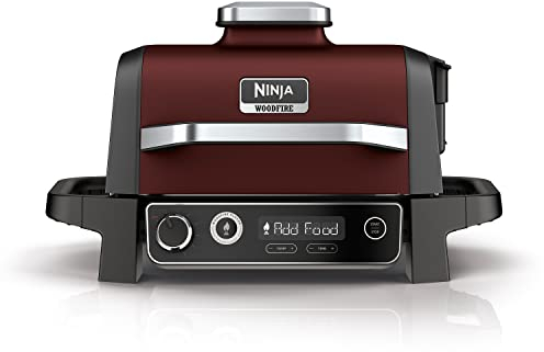 Ninja Woodfire Electric Outdoor BBQ Grill, Smoker and Air Fryer with Pellets and Digital Probe, 5 Skewers, 7 Functions; Grill, Smoke, Air Fry, Roast and more, Red/Black, Amazon Exclusive OG751UKAMZ
