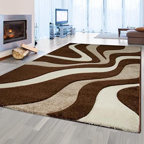 Wohnzimmer Teppich mit Wellen | strapazierfähig & pflegeleicht | in braun & weiß, 200 x 290 cm