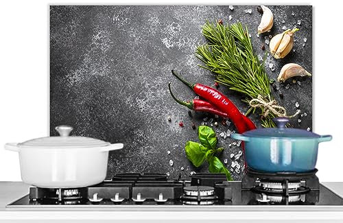 KitchenYeah© Fond de Hotte 70x50 cm Aluminium Crédence Cuisine Décoration Murale Crédence Plaque de Cuisson Anti Projection Poivre - Herbes - Epices - Béton