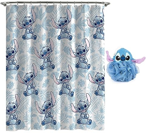 Disney Lilo & Stitch Ensemble de salle de bain 2 pièces – Rideau de douche à motif floral blanc et bleu et brosse en luffa