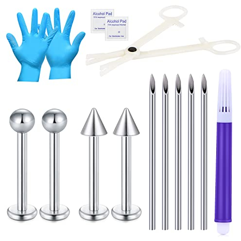 NIUSIMAN Wangen Piercing Set Lippen Piercing Set Grübchen Piercing Set 16G Zungen Labret Wangenring mit 14G Piercing Nadeln Piercing Schmuck Tool Set 14mm