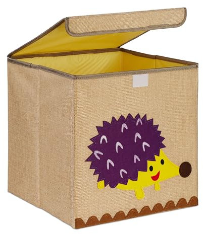 Relaxdays Aufbewahrungsbox, Igel-Motiv, Stoffbox für Kinder, faltbar, HBT: 33 x 33 x 33 cm, Spielzeugbox, beige/lila