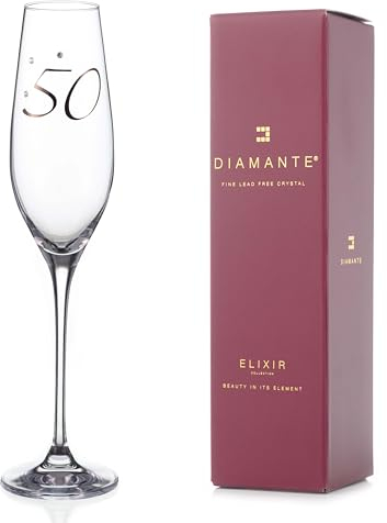 DIAMANTE Swarovski 50th” Birthday Champagne Flute – Single Crystal Champagne Glass with Platinum 50 Embossed and Swarovski Crystals – Gift Boxed