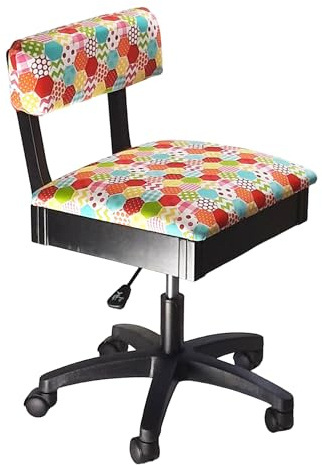 Hydraulic Sewing Chair in a Multicolour Patchwork Design | Underseat Storage Black Wooden Base, Lumbar Support, Lift Mechanism, 5 Star, 360deg, Swivel Base on Casters